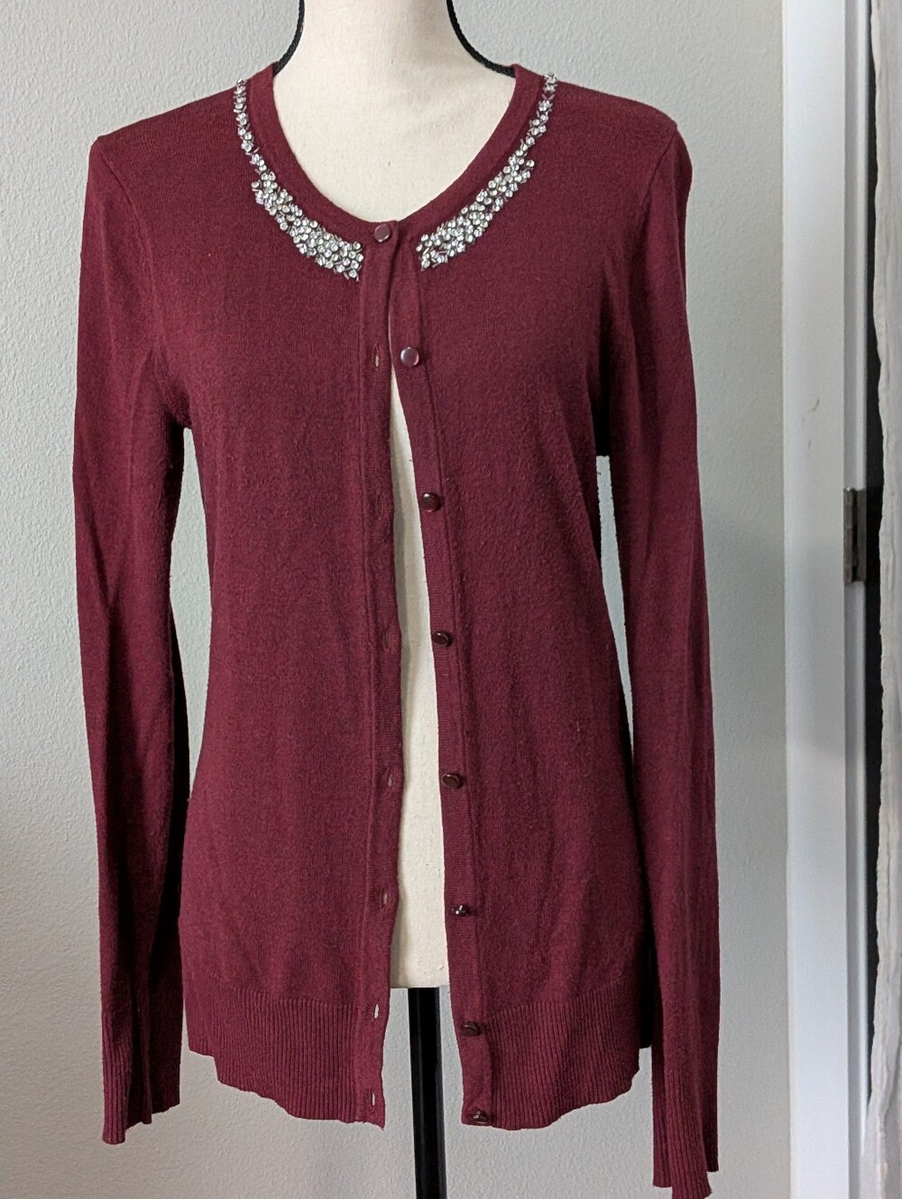 Burgundy Cardigan With Jewels At Neckline